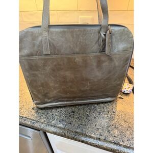P Sherrod Leather Tote Bag Gray Pebbled Top Zip Work Laptop Office